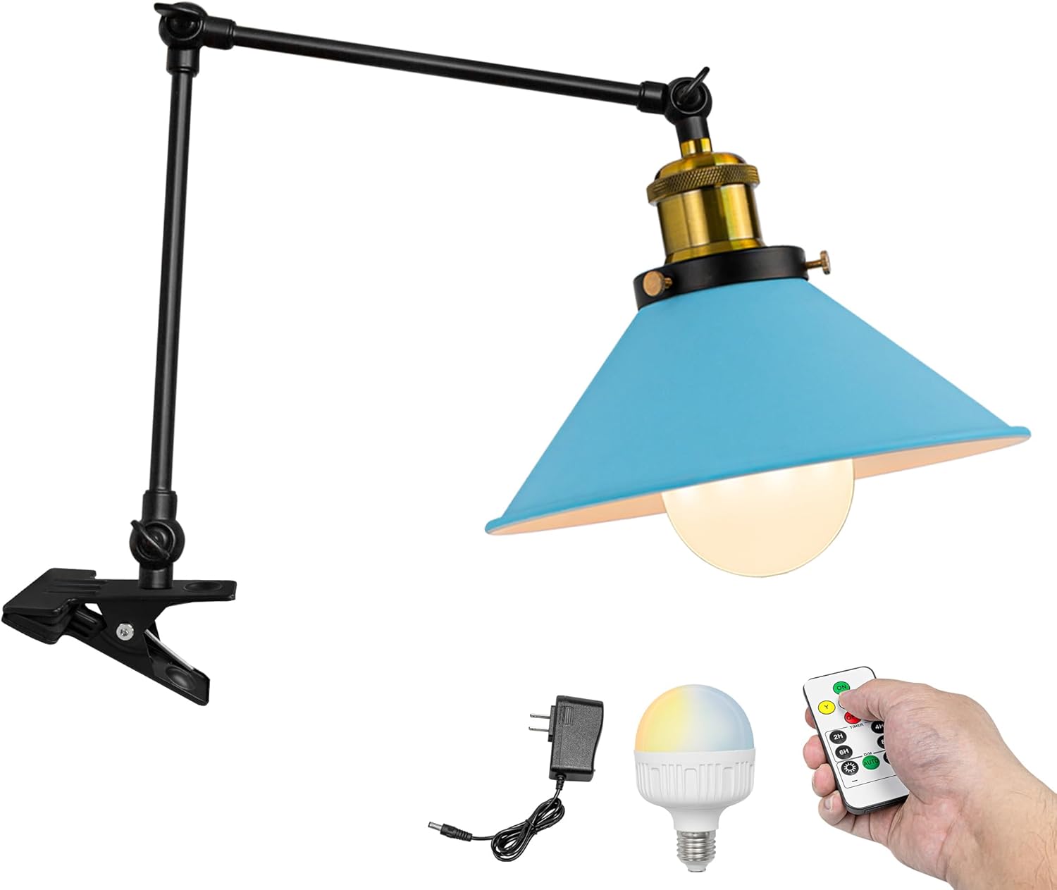 Kiven Battery Operated Clip-on Desk Lamp, 1-Light Dimmable Nightstand Lamp with Flexible Arm,Remote Control, Modern Decorative Clamp Lamp for Home Decor Bookshelf Bedside,Black Finish
