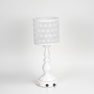 Kiven Cordless Table Lamp - White metal lampshade with intricate pattern, dimmable, for bedside or home decor.