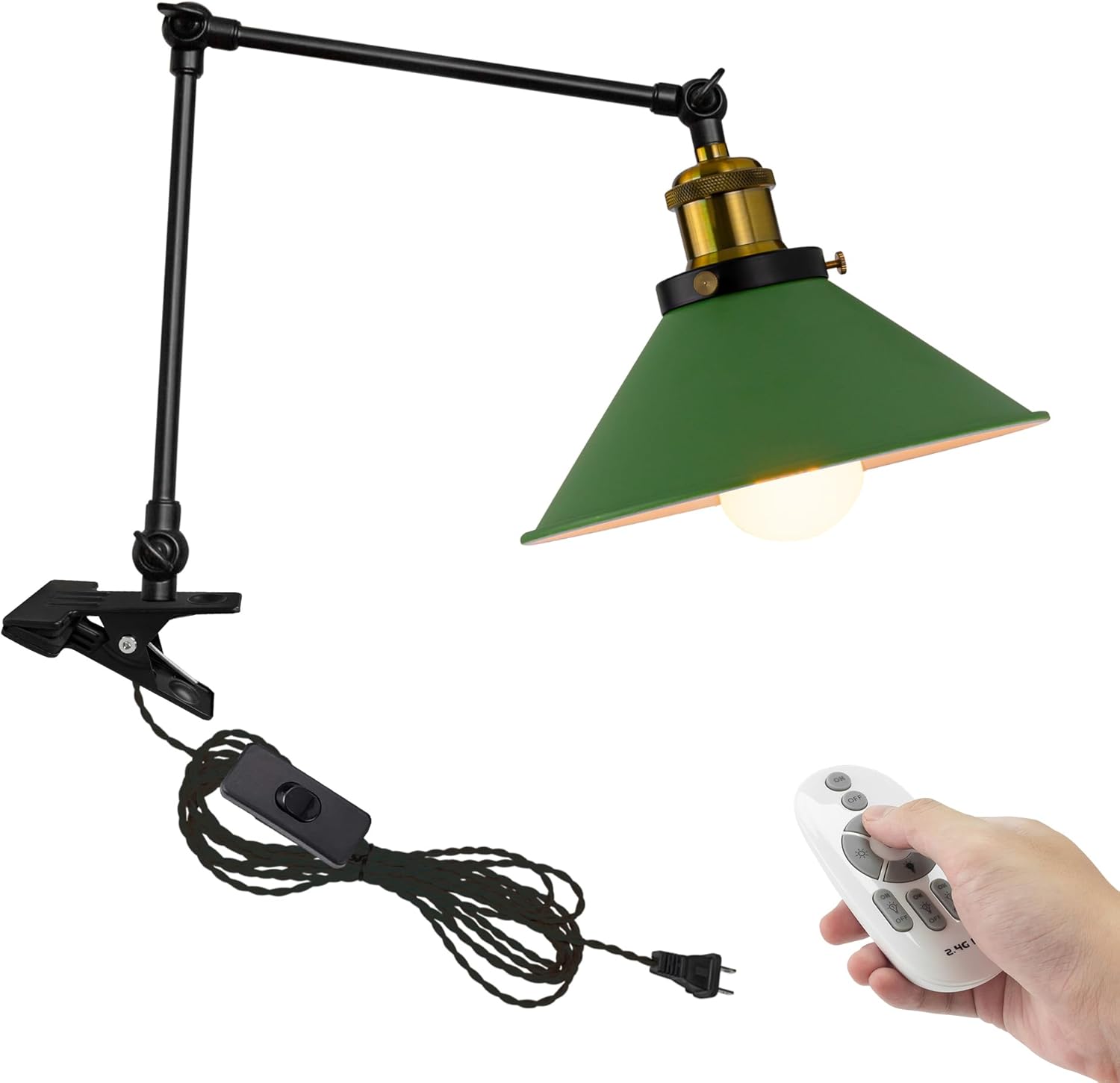 Kiven Plug-in Modern Clip-on Desk Lamp, 1-Light Nightstand Lamp with Flexible Arm, 8.2FT Plug in Cord, Decorative Clamp Lamp for Office Home Bookshelf Bedside Green Finish