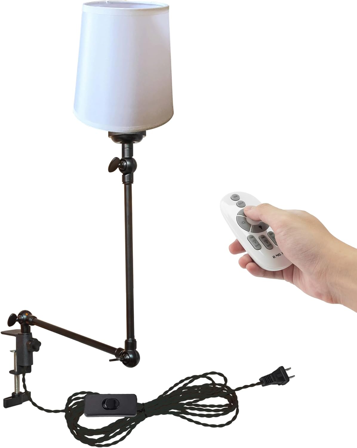 Kiven Plug-in Modern Clip-on Desk Lamp, 1-Light Nordic Nightstand Lamp with Flexible Arm, Orange Drum Fabric Lampshade, 8.2FT Plug in Cord, Decorative Clamp Lamp for Office Home Bookshelf Bedside