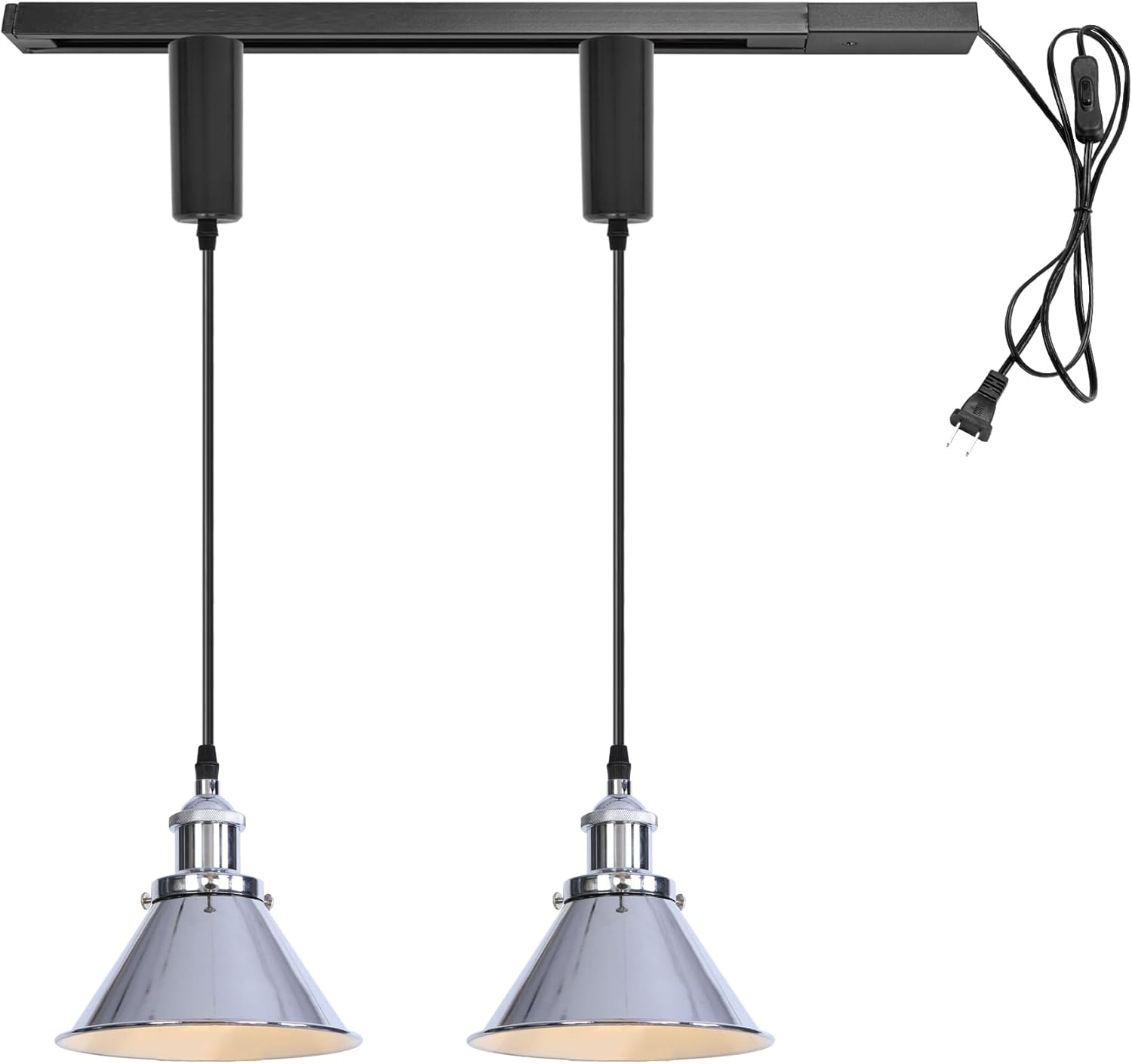 Black metal track pendant light fixture with adjustable wire and chrome shades, E26 base, ideal for loft or bar