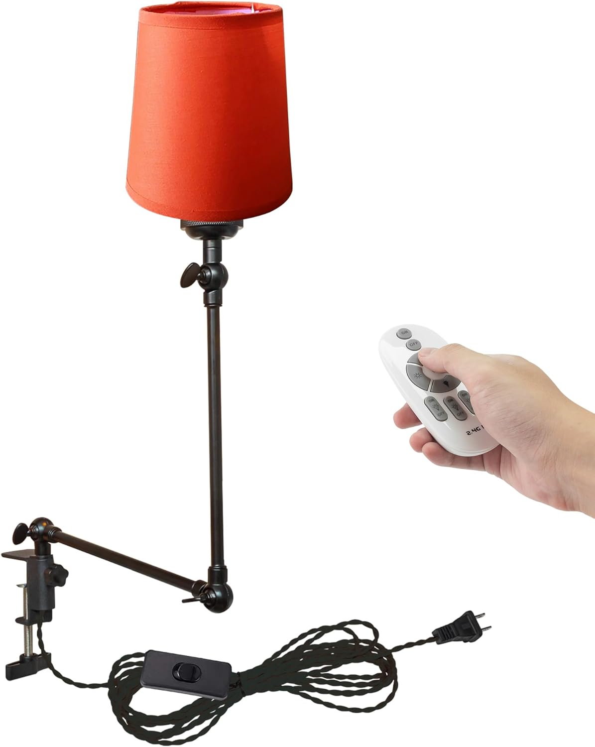 Kiven Plug-in Modern Clip-on Desk Lamp, 1-Light Nordic Nightstand Lamp with Flexible Arm, Orange Drum Fabric Lampshade, 8.2FT Plug in Cord, Decorative Clamp Lamp for Office Home Bookshelf Bedside
