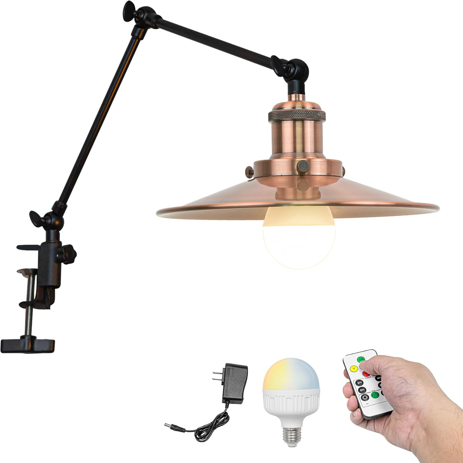 Kiven Battery Operated Clip-on Desk Lamp, 1-Light Dimmable Nightstand Lamp with Flexible Arm,Remote Control, Farmhouse Decorative Clamp Lamp for Home Decor Bookshelf Bedside,Yellow Finish