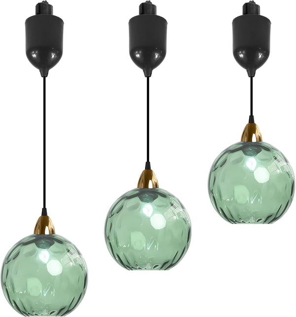 Green glass Juno track pendant lights, vintage style, adjustable height, perfect for kitchen and bar lighting