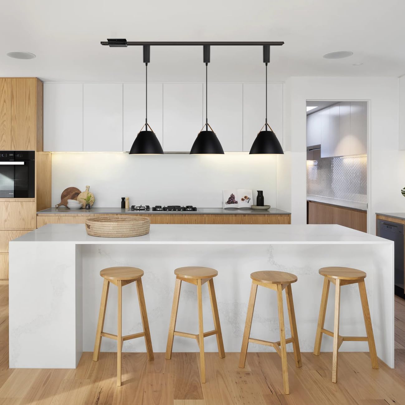 Kiven J-Type Track Lighting Fixture, Modern Juno Track Pendant Light with Built-in Cable Wrapper and Black Iron Lampshade, Adjustable Length for Bedroom Kitchen Home Lighting, 1-Light