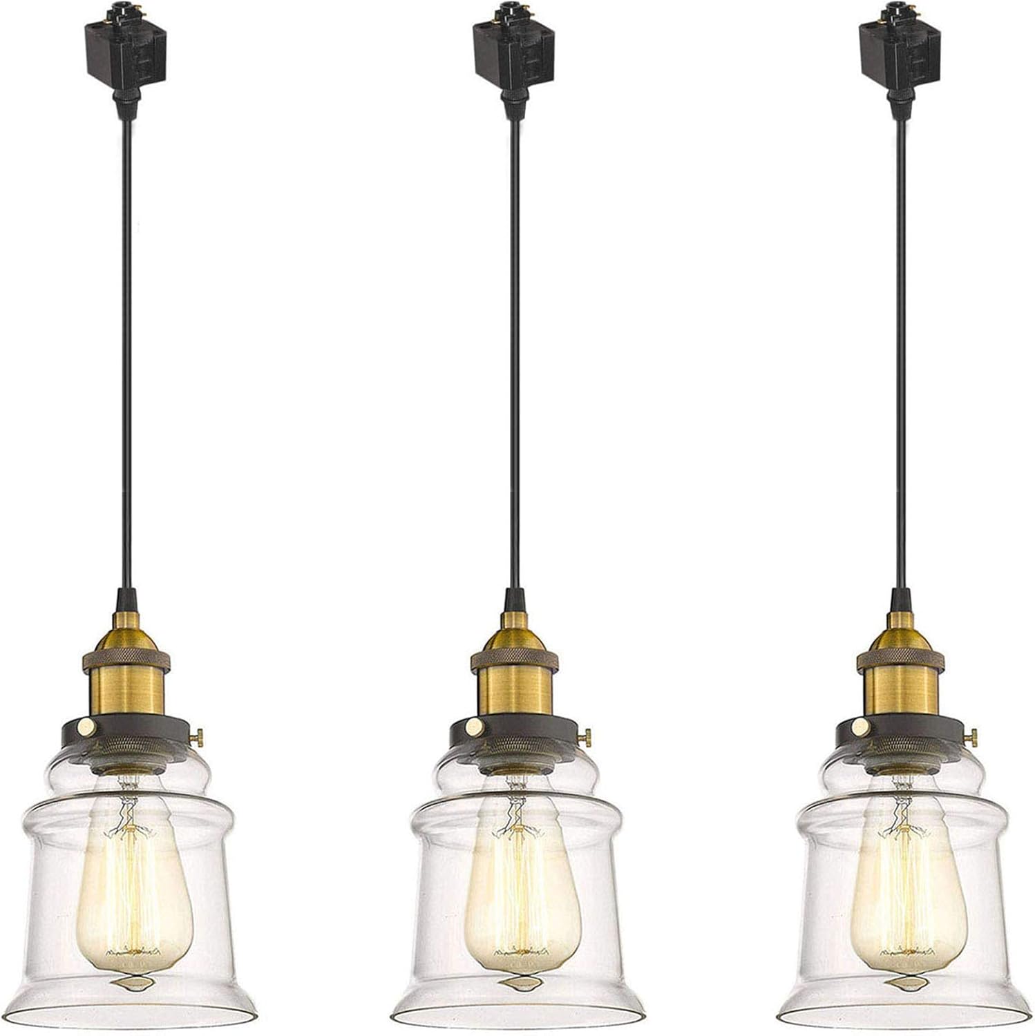 Kiven 3-Pack H/J Track Fixtures, Vintage Industrial Pendant Light w/ 5.12" Glass Shade, Dimmable