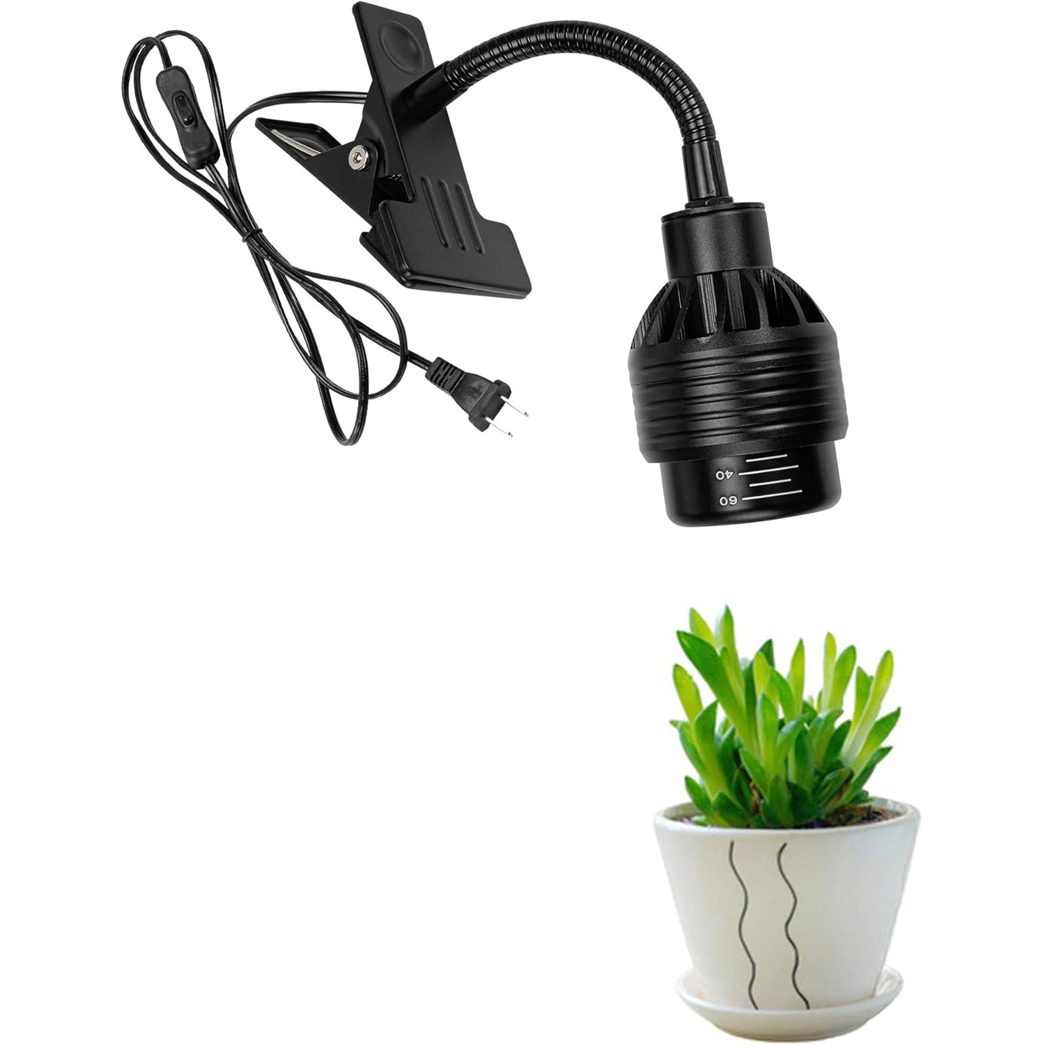 Clip mount full spectrum spotlight 7W, black, with plant, adjustable lighting for indoor plant growth.