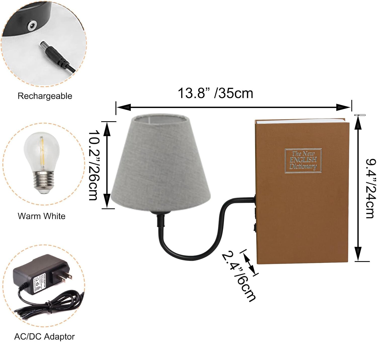 Kiven Cordless Table Lamp, Set of 2 Rechargeable Bookshelf Lamp with Gray Fabric Lampshade, Farmhouse Decorative Bookend, Cordless Lamp for Office Home Decor Bedside Bookshelf