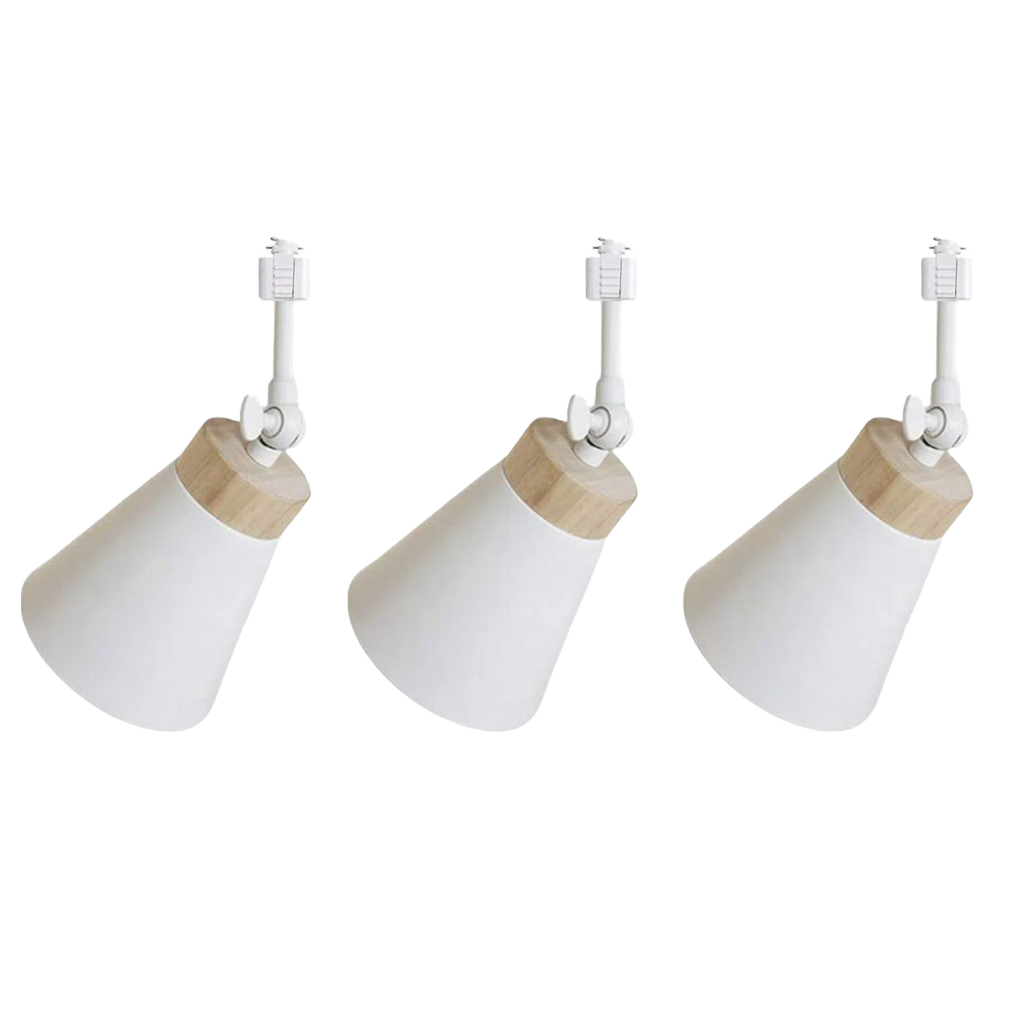 White track pendant lights with wood accents, modern adjustable ceiling lights for kitchen or bedroom.