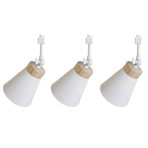 White track pendant lights with wood accents, modern adjustable ceiling lights for kitchen or bedroom.