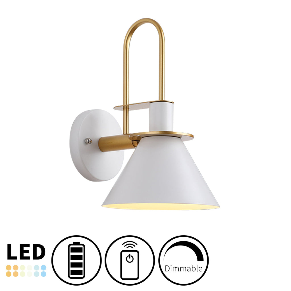 Wireless, dimmable white and gold gooseneck LED wall sconce, battery operated with remote control.