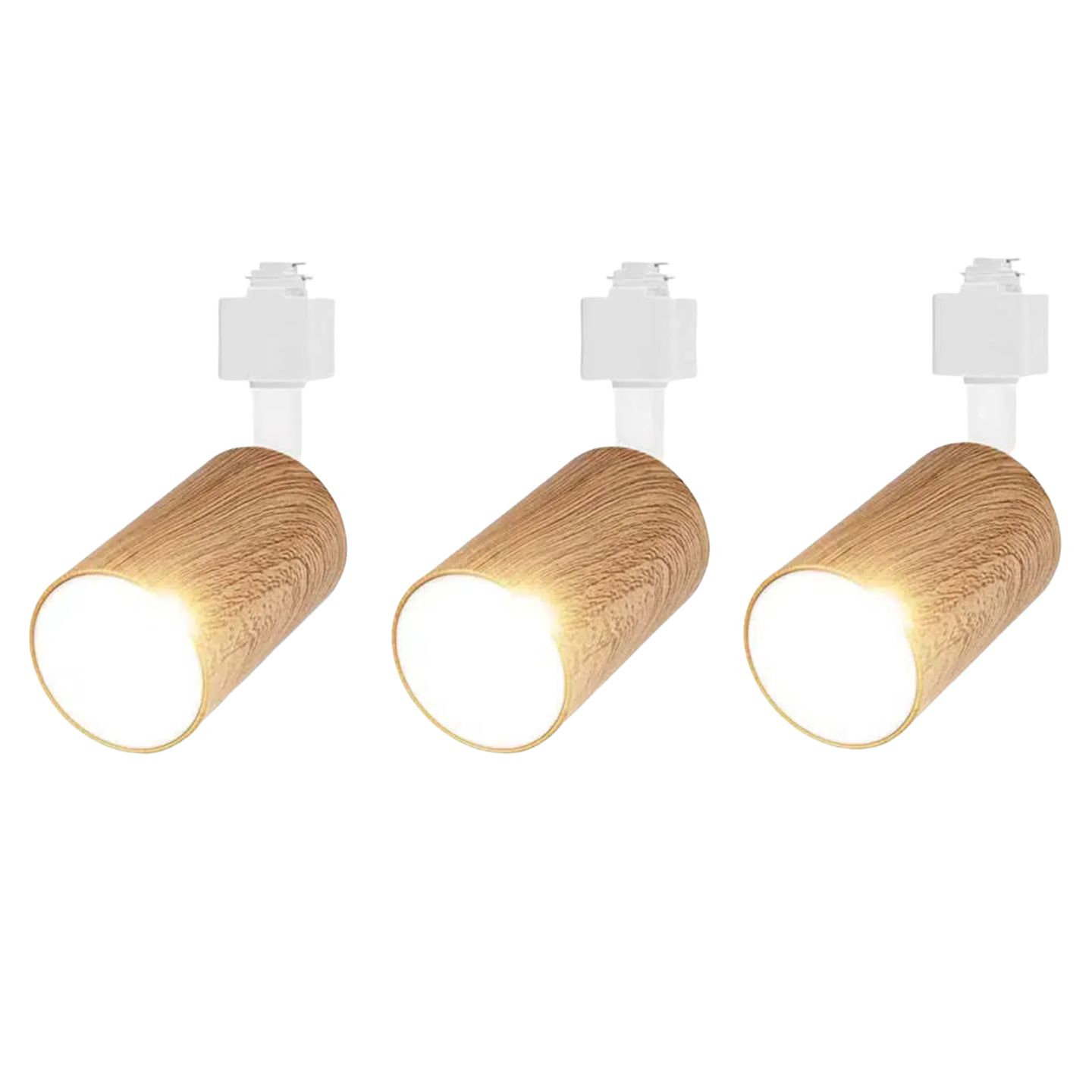 Adjustable track head lights with wood grain finish, 8W LED accent lighting, perfect for galleries and studios.