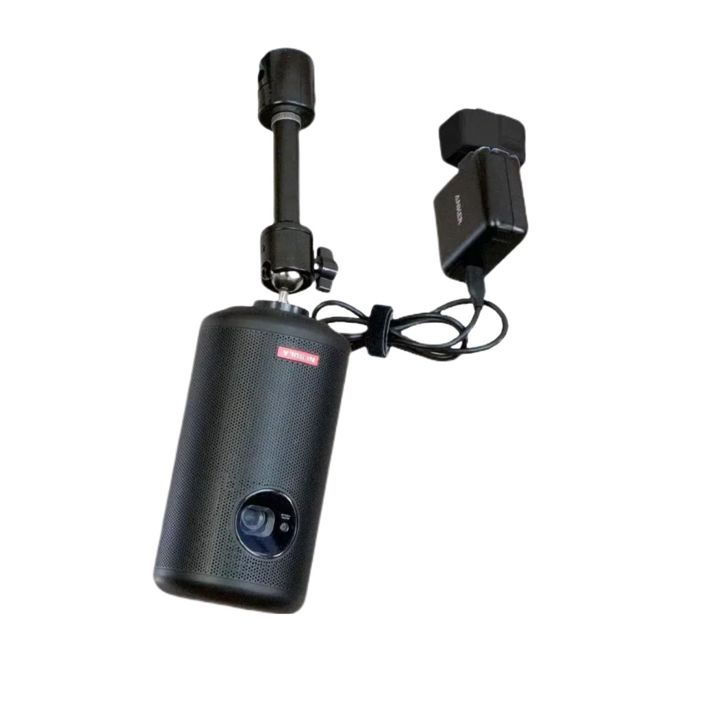 Black projector on ceiling track mount, 360° rotation, adjustable angle, perfect for home theater and presentations.