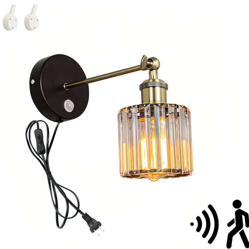 Kiven Motion Sensor Wall Sconce UL Plug-in Cord Bronze E26 Base Minimalist Style Black Iron Crystal Shade Wall Light Fixture for Loft Entrance Hallway Toilet Stairs