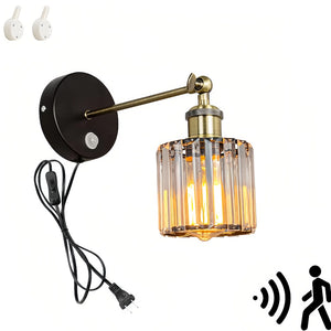 Kiven Motion Sensor Wall Sconce UL Plug-in Cord Bronze E26 Base Minimalist Style Black Iron Crystal Shade Wall Light Fixture for Loft Entrance Hallway Toilet Stairs