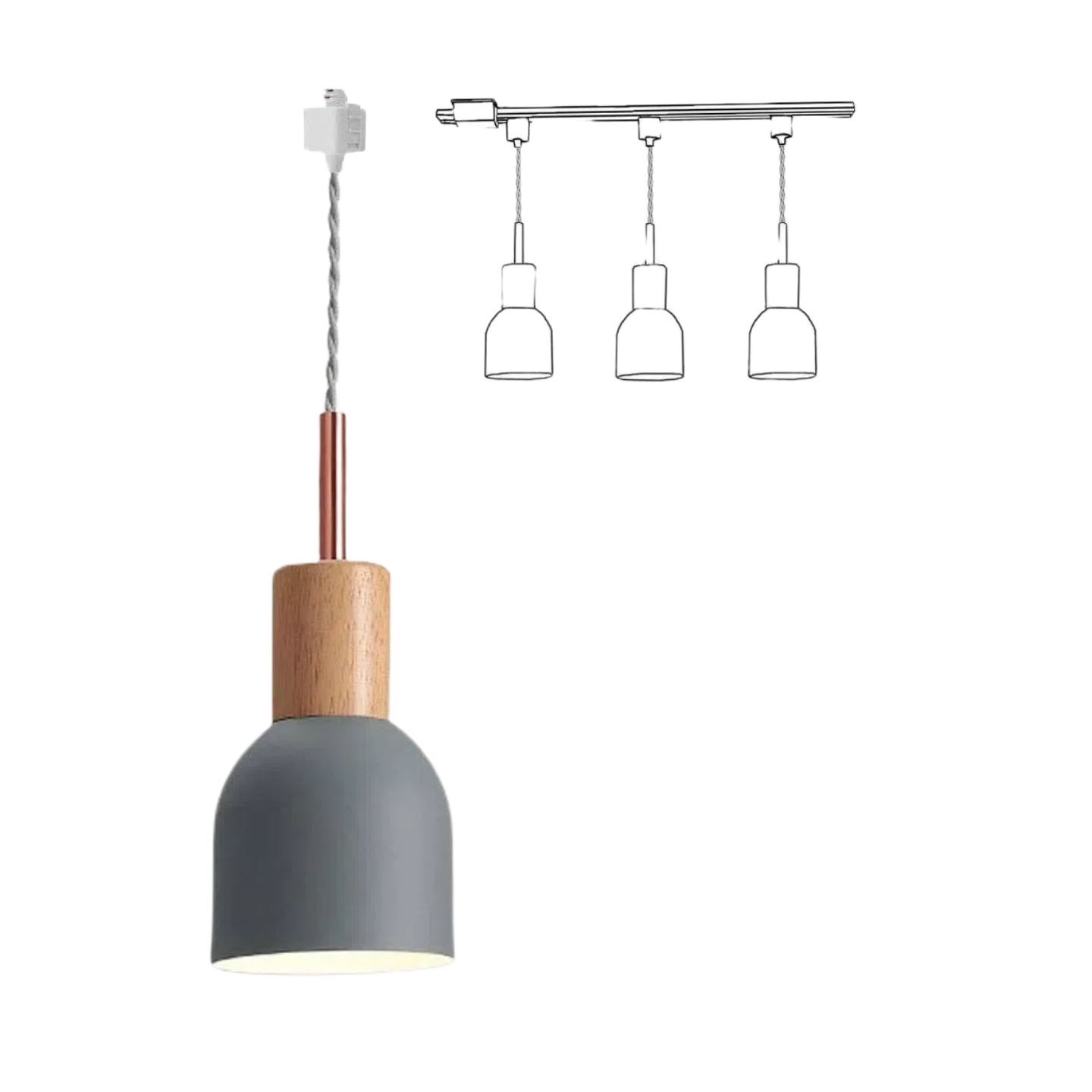 Scandinavian track light pendant with gray lampshade, wood and copper accents, perfect for kitchen or cafe lighting.