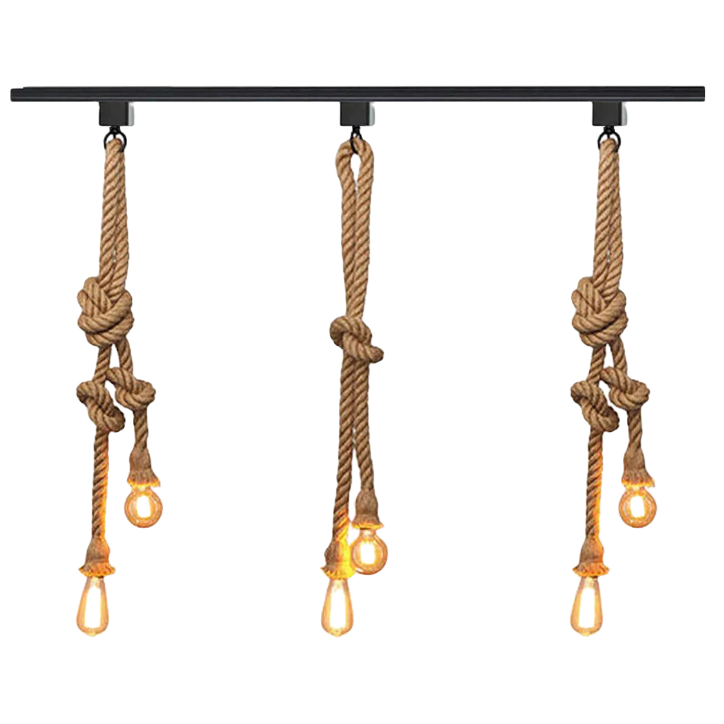 Industrial track pendant light with hemp rope cords and Edison bulbs, perfect for farmhouse or vintage decor.