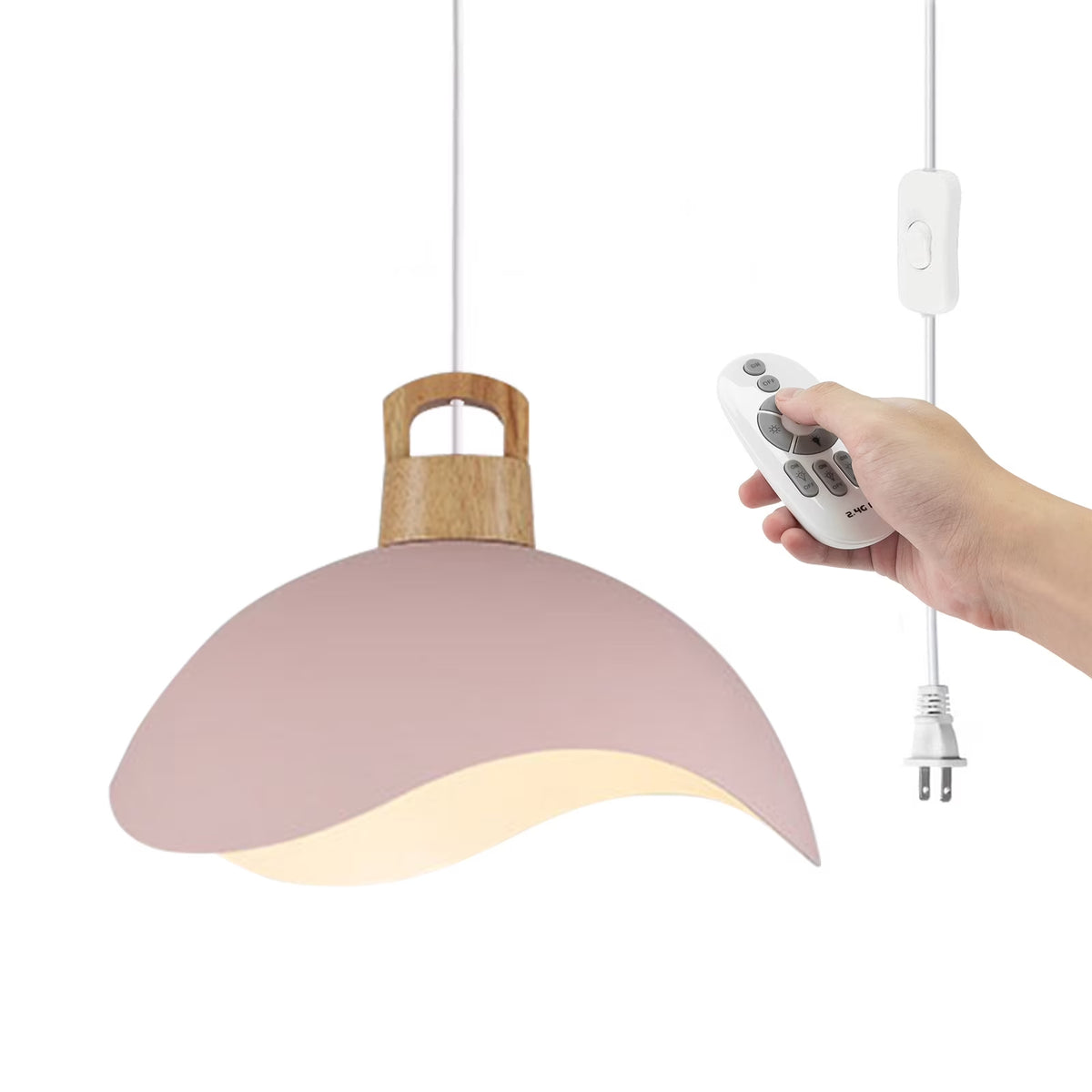 Kiven Modern Plug-in Pendant Light with Wavy Shade & Wood Top, Dimmable Hanging Cord Light