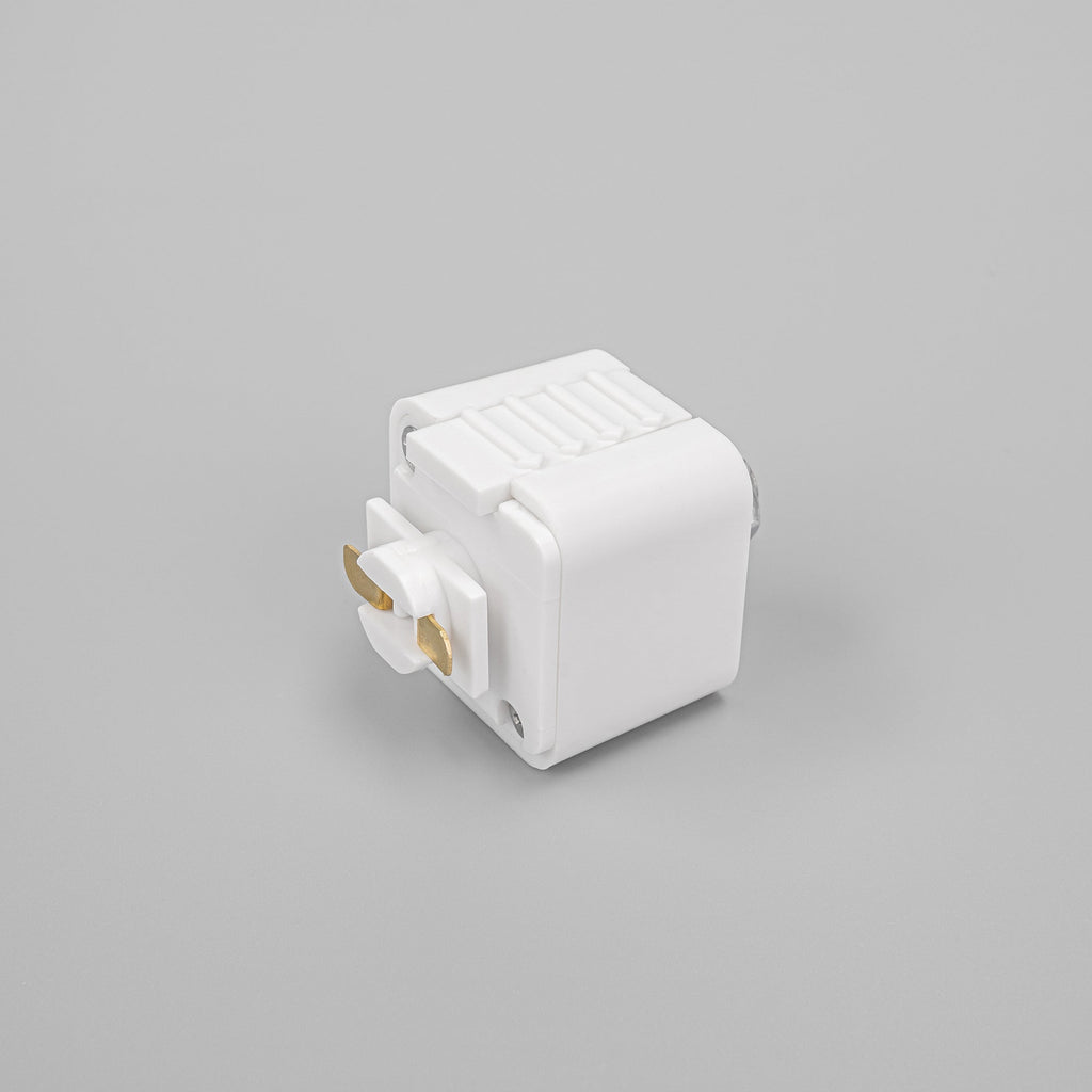 White Lightolier track adapter for stage lighting, L system compatible, 110V power, ideal for DIY projects.