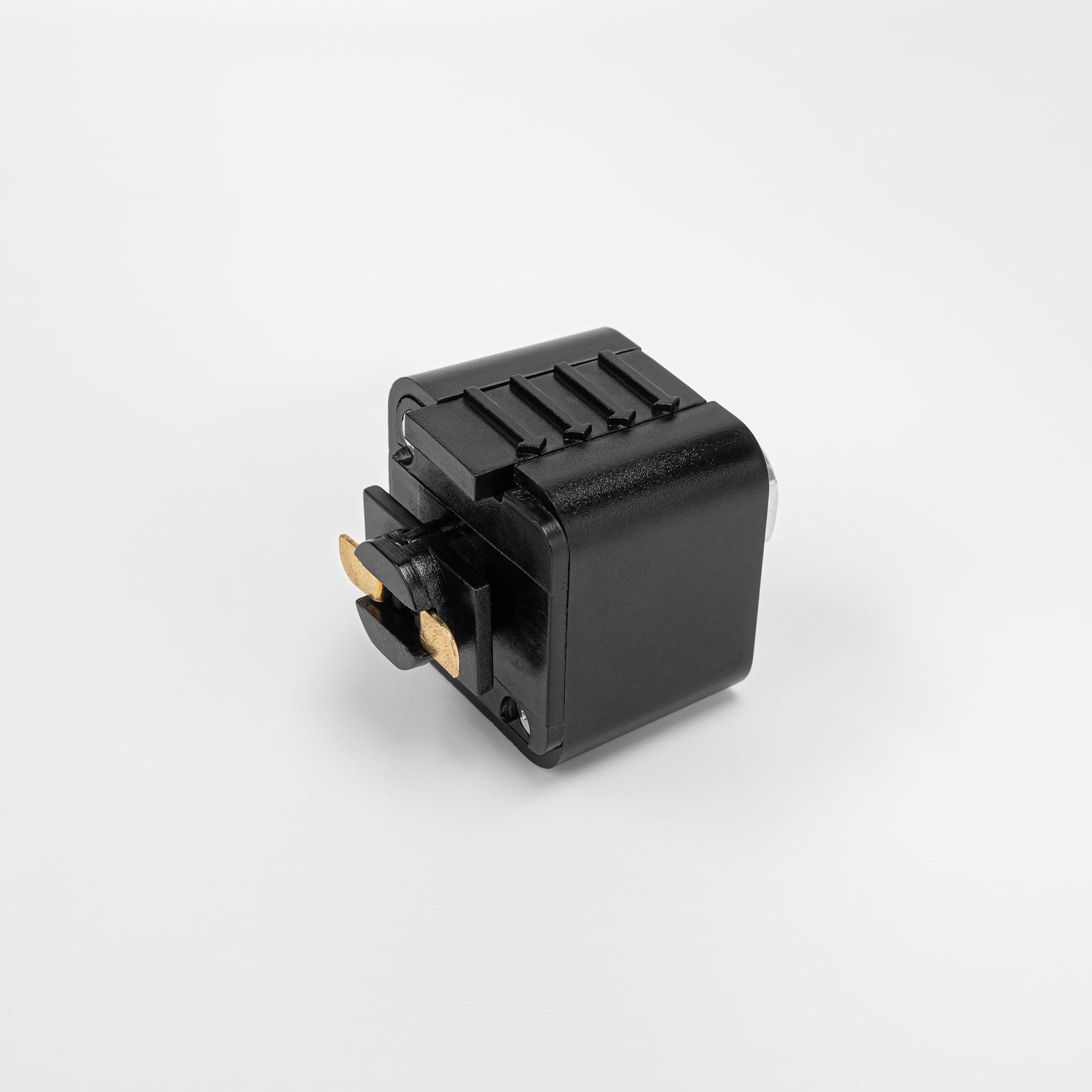 Black Lightolier track adapter fitting for L system track lighting, ideal for stage lighting.