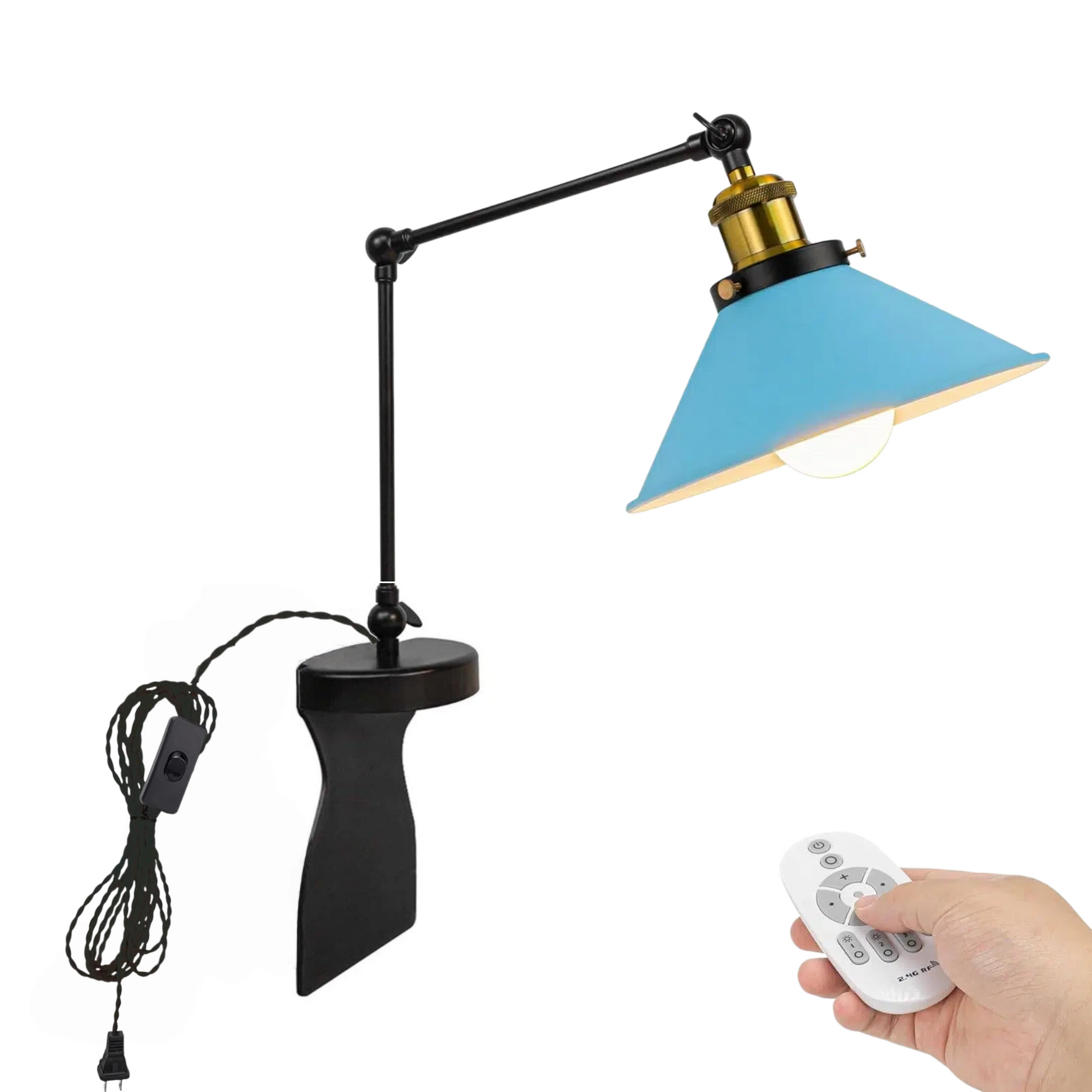 Kiven headboard reading light with adjustable swing arm, light blue shade, dimmable LED, remote control.