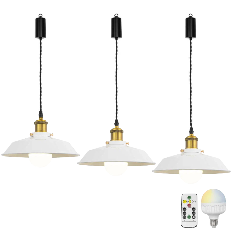 Rechargeable Battery Adjustable Cord Pendant Light Matt Gold Base With Metal Shade Smart LED Bulbs with Remote Retro Design