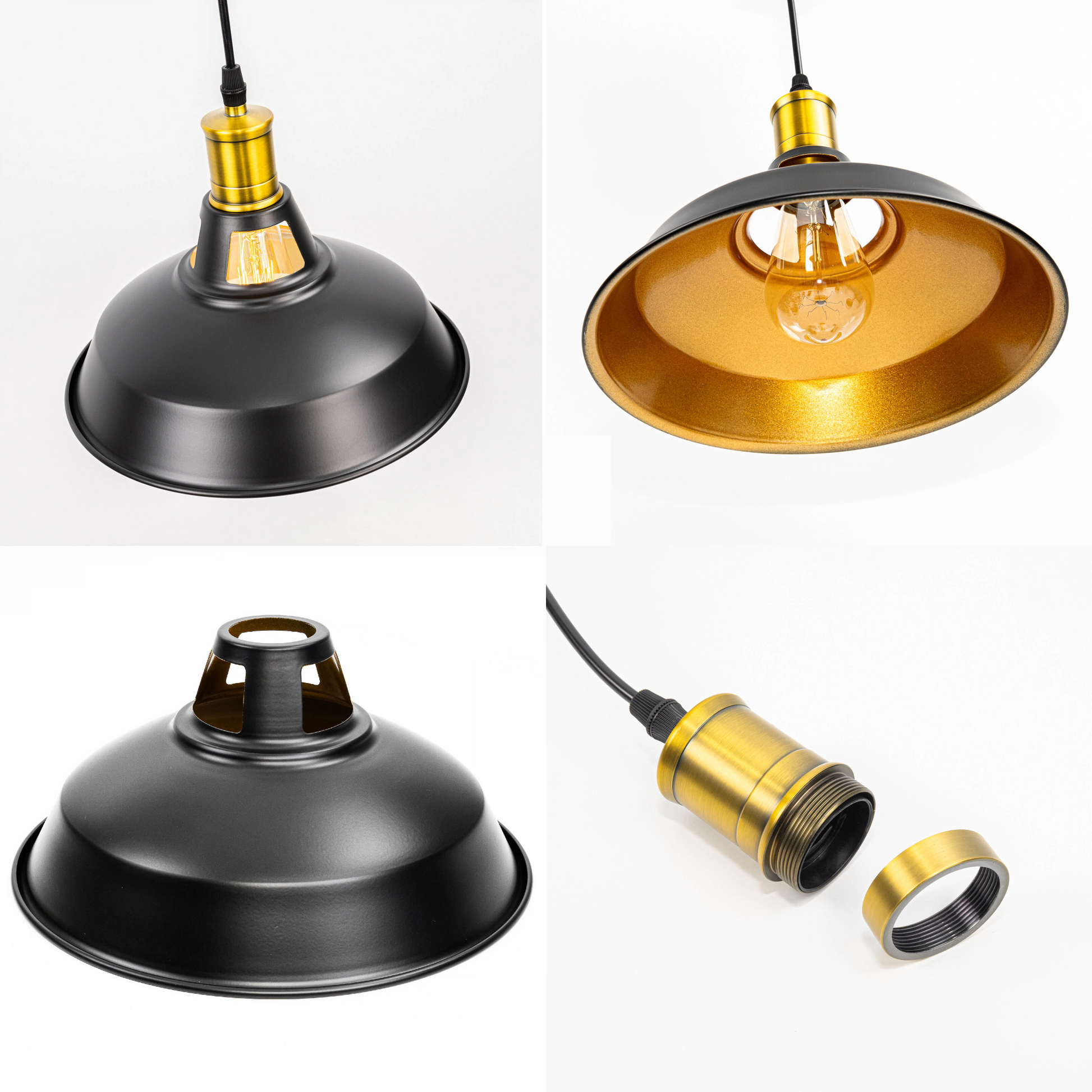 Details for Black and gold track pendant light, adjustable height, E26 bulb, suitable for kitchens, bars, and dining areas.