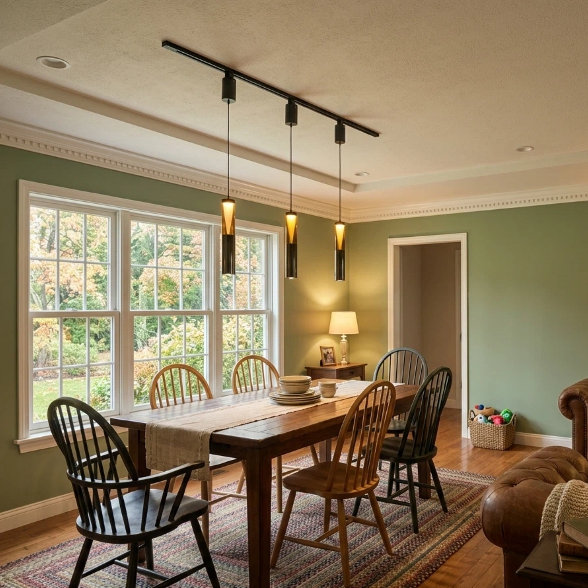 Modern 3-light LED H-type track pendant lighting fixture hanging over a rustic wooden dining room table, illuminating a sage green farmhouse interior with warm, dimmable cylinder spotlighting