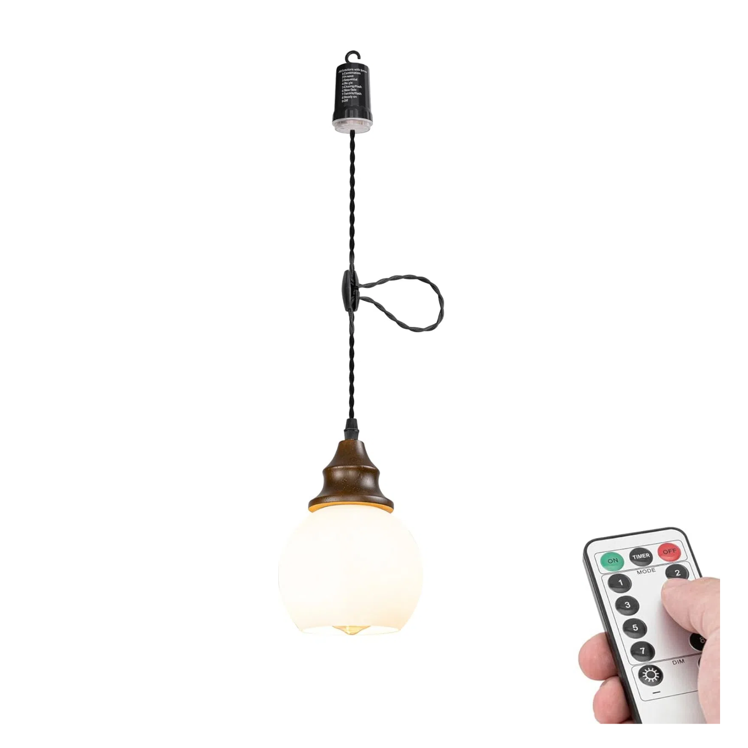 Walnut Base White Glass Ball Shade Hook Hanging Battery Lamp Neutral Lighting 3.2Ft Adjusted Cord Remote Dimmable Vintage Light for Small Space Store Home