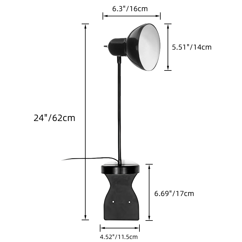 Black headboard reading lamp with dimensions: 24 inches height, 5.51 inches shade width, and 6.3 inches base, perfect for bedside reading.