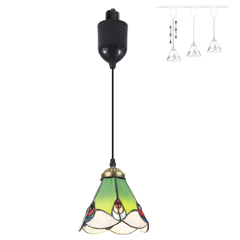 Mini Adjustable Cord Length L Type Track Lighting Green Lily Flower Stained Art Glass 4 Ft Track Mount Pendant Light Decorate for Kitchen Island Sloped and Vaulted Ceiling Customizable