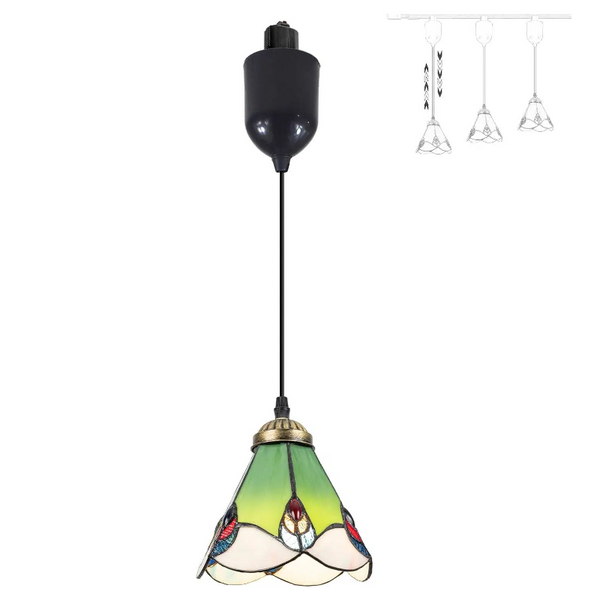 Mini Adjustable Cord Length L Type Track Lighting Green Lily Flower Stained Art Glass 4 Ft Track Mount Pendant Light Decorate for Kitchen Island Sloped and Vaulted Ceiling Customizable