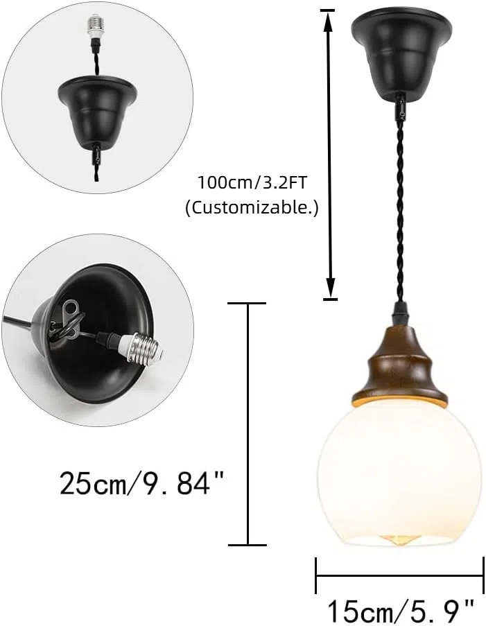 3.2ft Adjustable Cord E26 Connection Replacement Hanging Light Walnut Base White Glass Ball Shade Minimalist Pendant for Farmhouse Home Store(No Bulb)