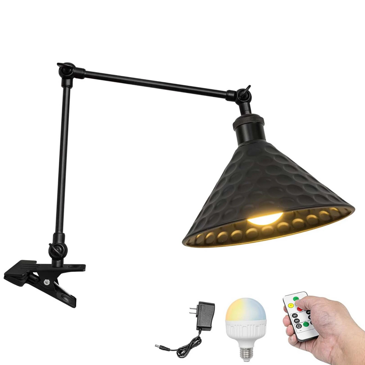 Kiven Battery Operated Clip-on Desk Lamp, 1-Light Dimmable Nightstand Lamp with Flexible Arm,Remote Control,Industrial Decorative Clamp Lamp for Bookshelf Home Decor Bedside,Black Finish