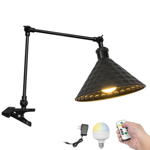 Kiven Battery Operated Clip-on Desk Lamp, 1-Light Dimmable Nightstand Lamp with Flexible Arm,Remote Control,Industrial Decorative Clamp Lamp for Bookshelf Home Decor Bedside,Black Finish
