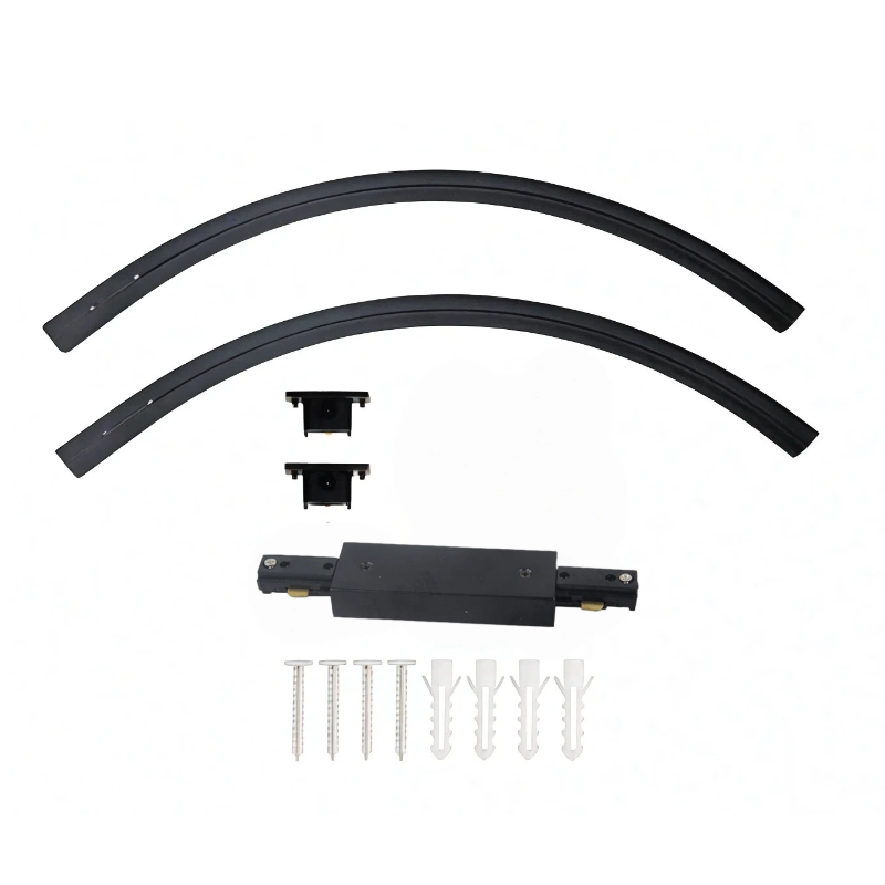 Ring-shaped 2pcs H track lighting kit, black in color, equipped with end caps and a live end feed connector. Compatible with single-circuit 120V H-style systems, suitable for LED lighting heads Excludes lighting fixtures