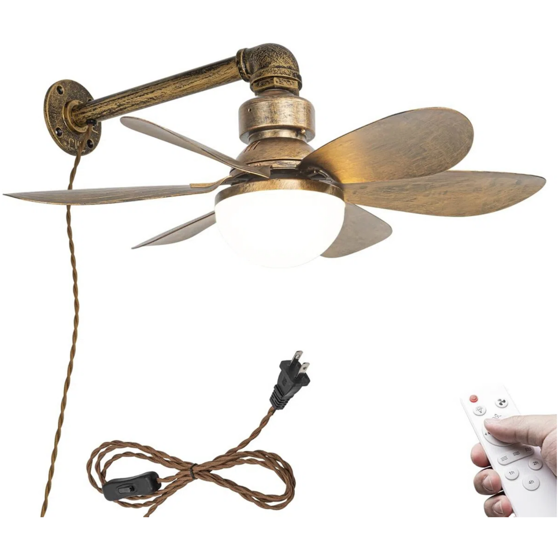 Retro plug-in wall mount fan with dimmable light, remote control, 5.9ft cord, vintage rustic design for bedroom plant room