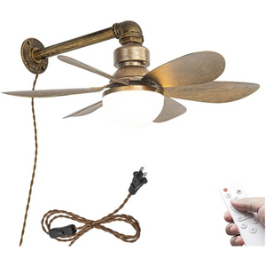 Retro plug-in wall mount fan with dimmable light, remote control, 5.9ft cord, vintage rustic design for bedroom plant room