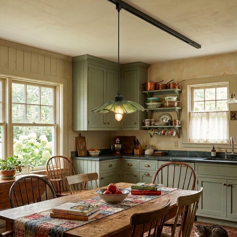 Kiven Retro H Track Pendant Light, Nordic Vintage American Farmhouse Industrial Green Glass Shade, for Cafe Bar Restaurant Hallway Lighting