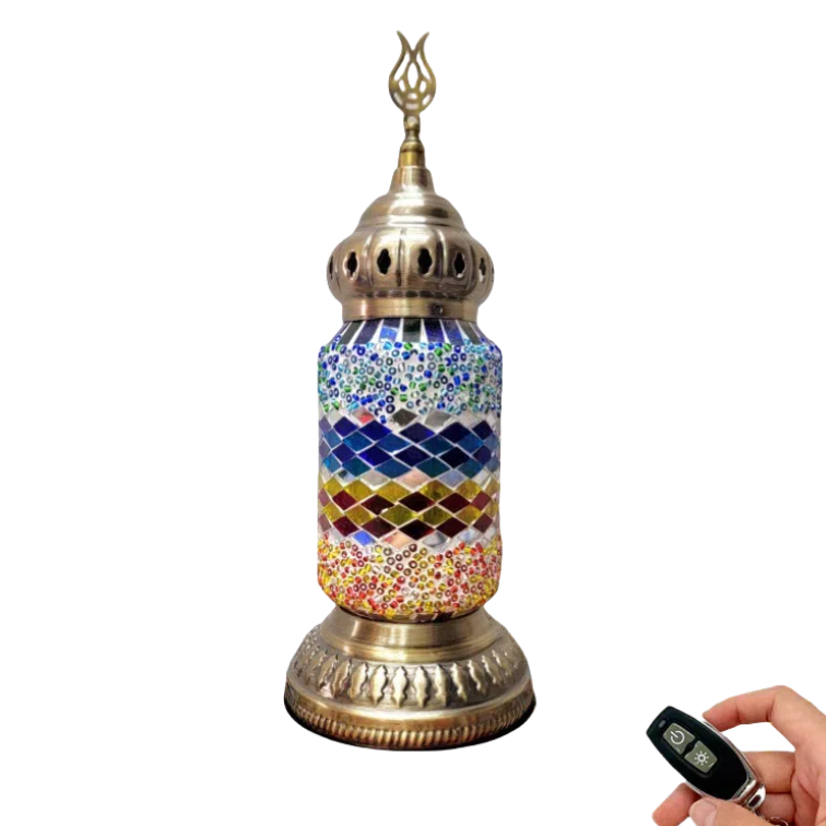 Moroccan style desk lamp with mosaic glass, USB charging, and remote control. Ideal for bedroom, living room, or bedside use.