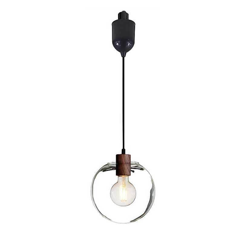 Dimmable H-Type Track Lighting Pendants with Retro Clear Glass Globe Shape Hand-Made Shade,1-Light 1ft Cord Wood Finished E26 Socket Restaurant Chandelier Kitchen Island Customizable