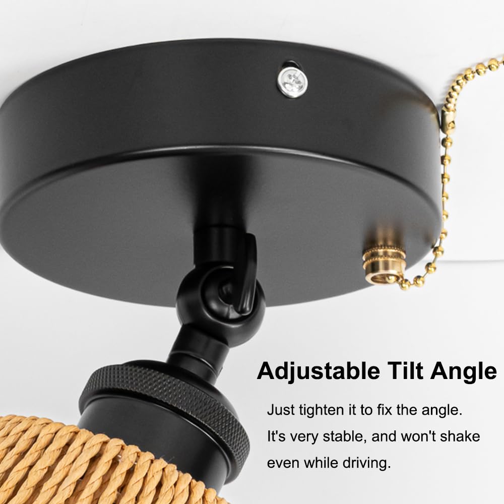 Adjustable Light, Zipper Switch 12V RV Industrial Woven Natural Boho Rattan Cover, E26 Socket Semi Flush Mount Interior Lighting Decorative for Boat Camper Hallway