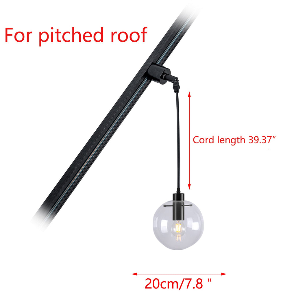 Modern globe glass track light for pitched roofs, black metal track, 20cm/7.8" lamp with 39.37" cord length.