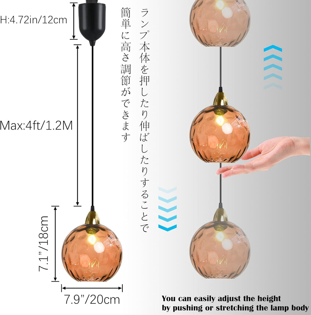 Adjustable Height Juno Track Lighting Pendants, 4 ft Cord, J-Type Dimmable Vintage Metal E26 Socket Chandeliers Orange Hammered Glass Globe for Bar 3 Lights Kitchen Ceiling