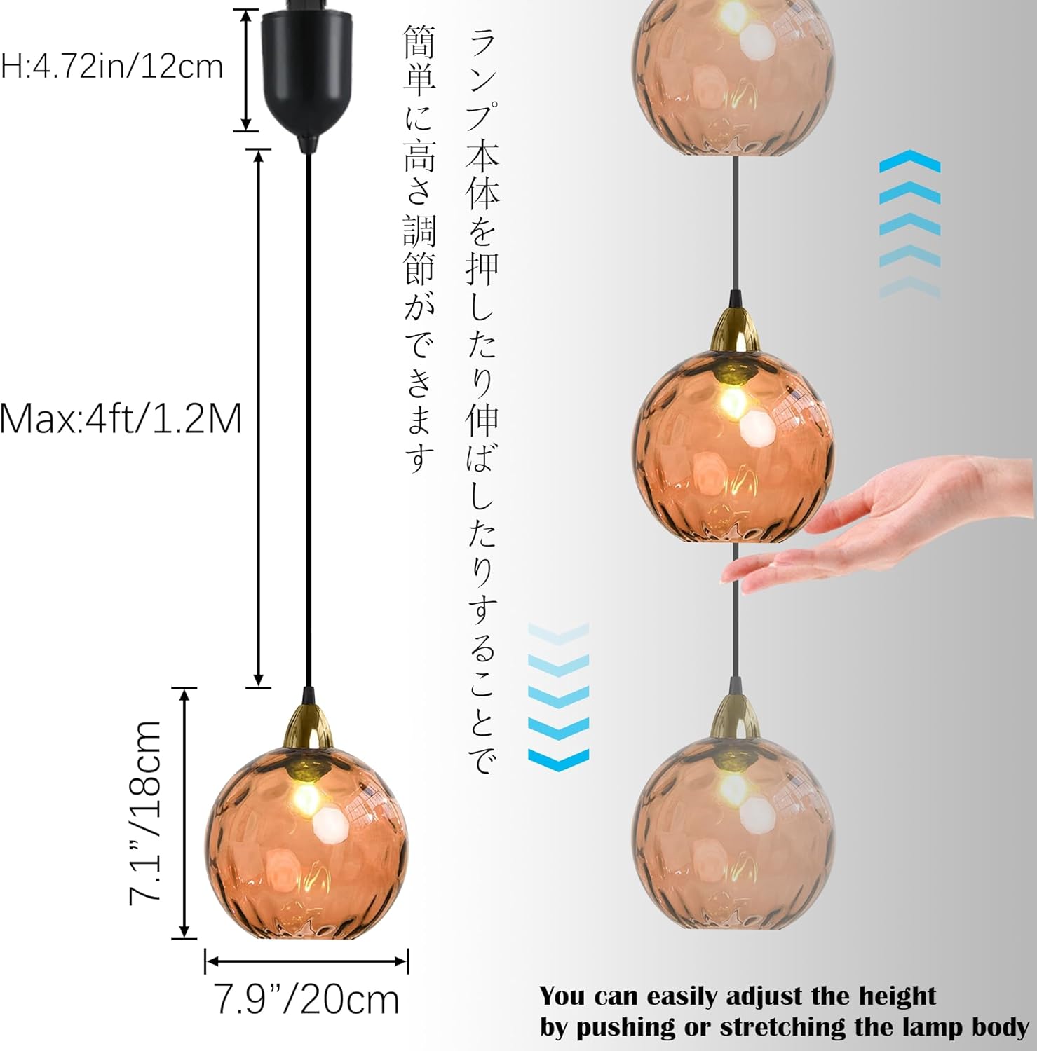 Adjustable Height Juno Track Lighting Pendants, 4 ft Cord, J-Type Dimmable Vintage Metal E26 Socket Chandeliers Orange Hammered Glass Globe for Bar 3 Lights Kitchen Ceiling