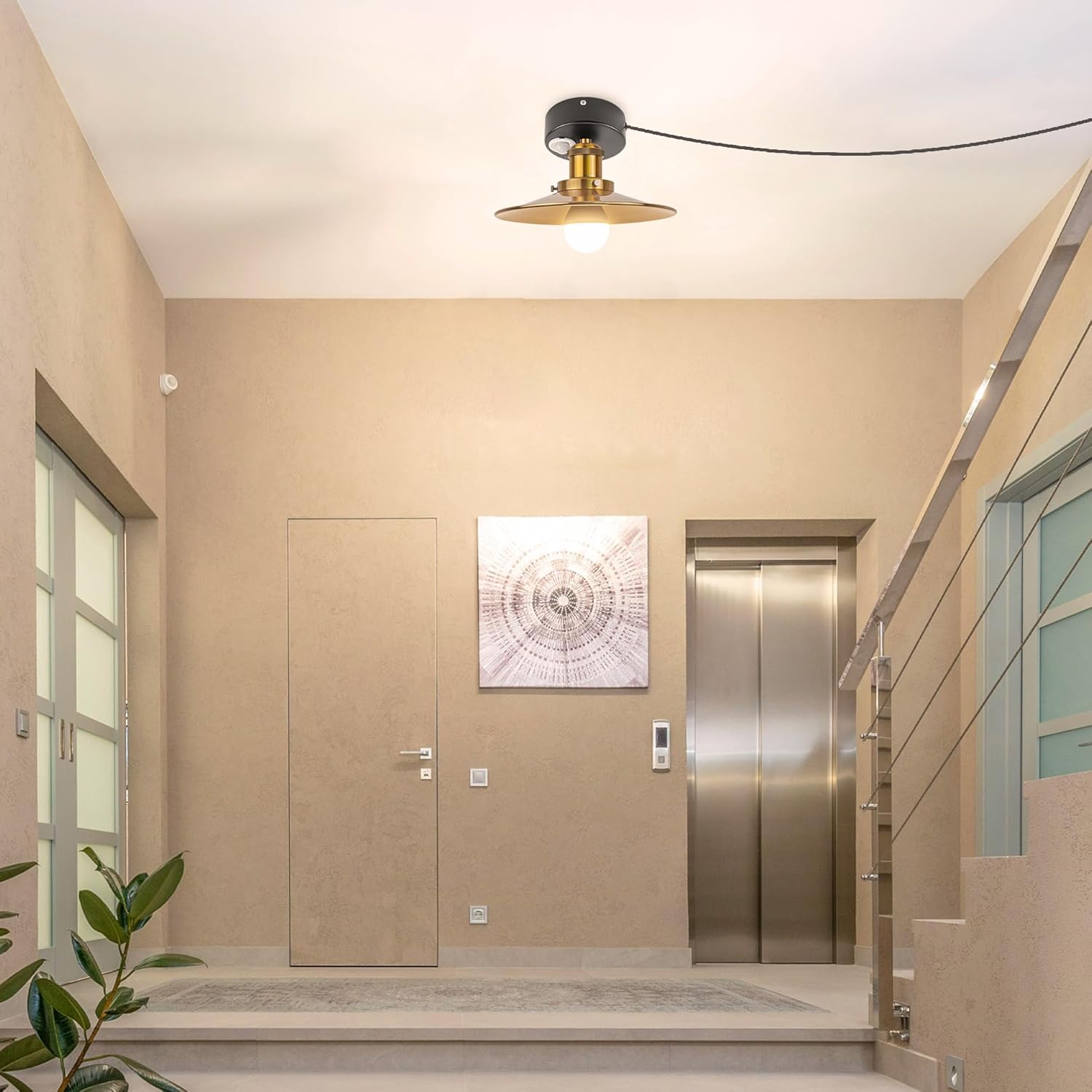 Kiven Motion Sensor Ceiling Light, Brass Finish, Plug-in, illuminating a hallway with modern design.