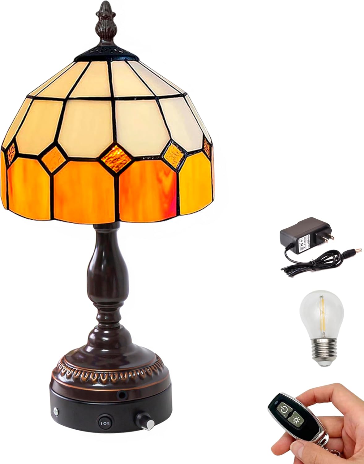 Kiven Cordless Table Lamp, Dimmable Bedside Lamps for Nightstand with Glass Lampshade, Tiffany-Style Rechargeable Desk Lamp for Reading Home Decor Bedside,1-Light