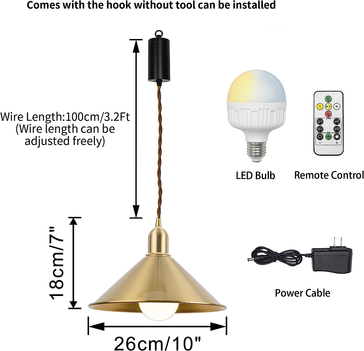 Wireless pendant light with copper shade, RGB LED bulb, adjustable cord, remote, and power cable