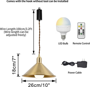 Wireless pendant light with copper shade, RGB LED bulb, adjustable cord, remote, and power cable