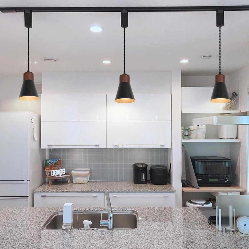 Retro pendant track lighting with black metal shade and wood base, perfect for kitchen.